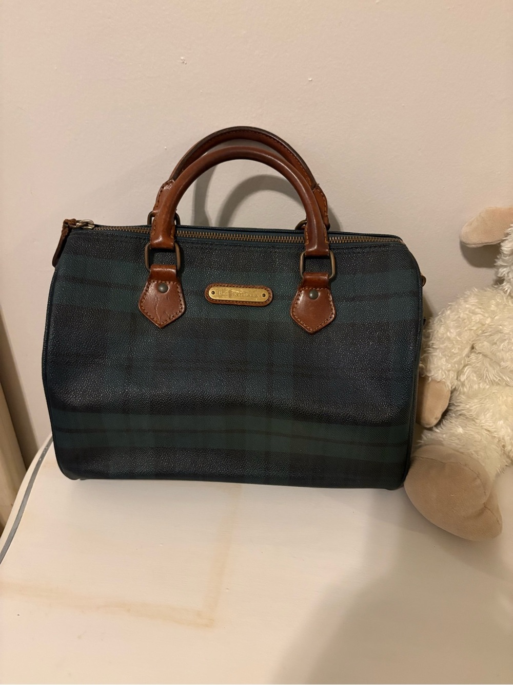 Polo by Ralph Lauren Dark Green and Navy Tartan Satchel with Brown Trim